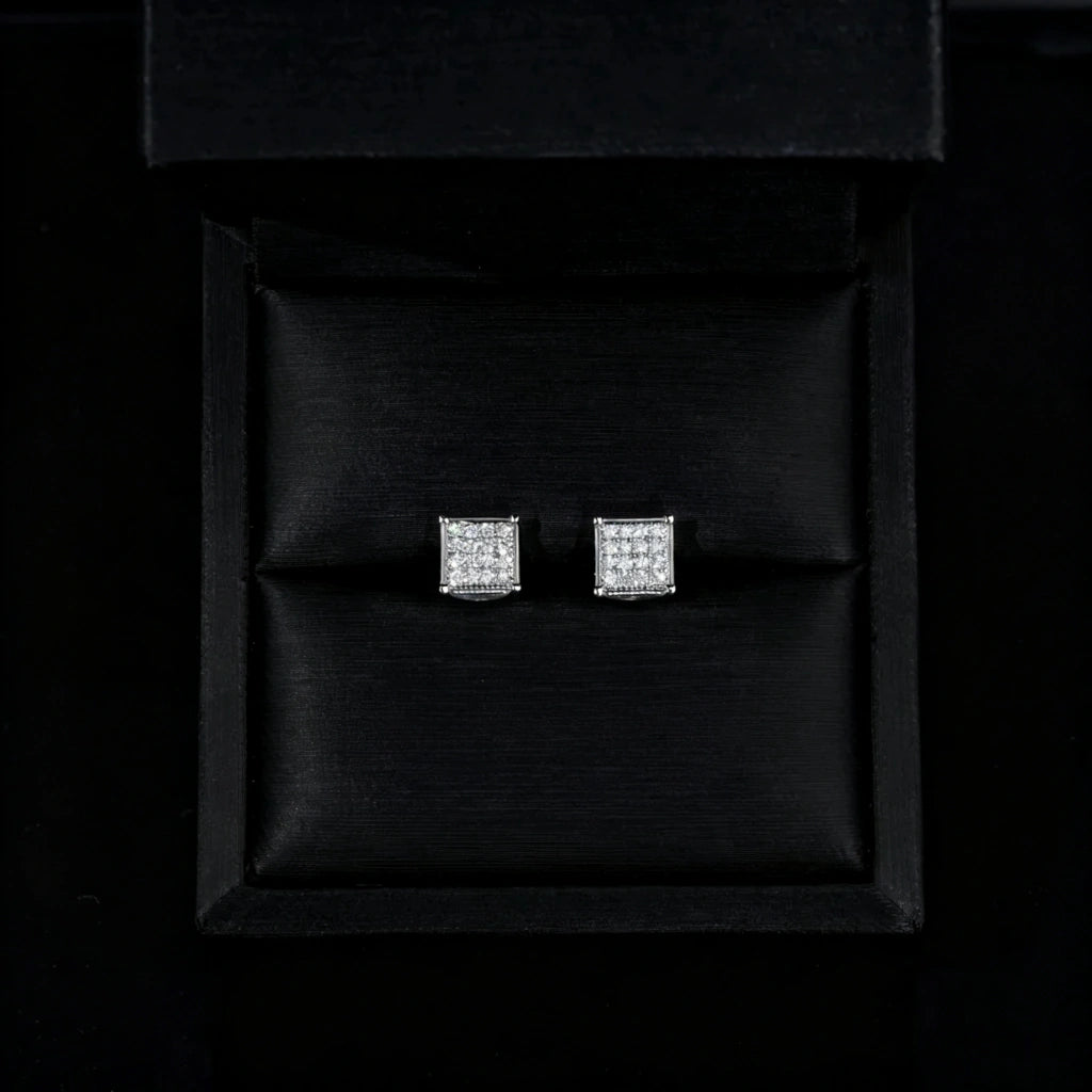 S925 Silver VVS Moissanite Micro Pave Border Cube Stud Earrings presented in black luxury jewelry gift box, iced out square hip hop screw back earrings, RDRIP JEWELRY
