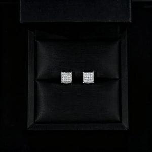 S925 Silver VVS Moissanite Micro Pave Border Cube Stud Earrings presented in black luxury jewelry gift box, iced out square hip hop screw back earrings, RDRIP JEWELRY
