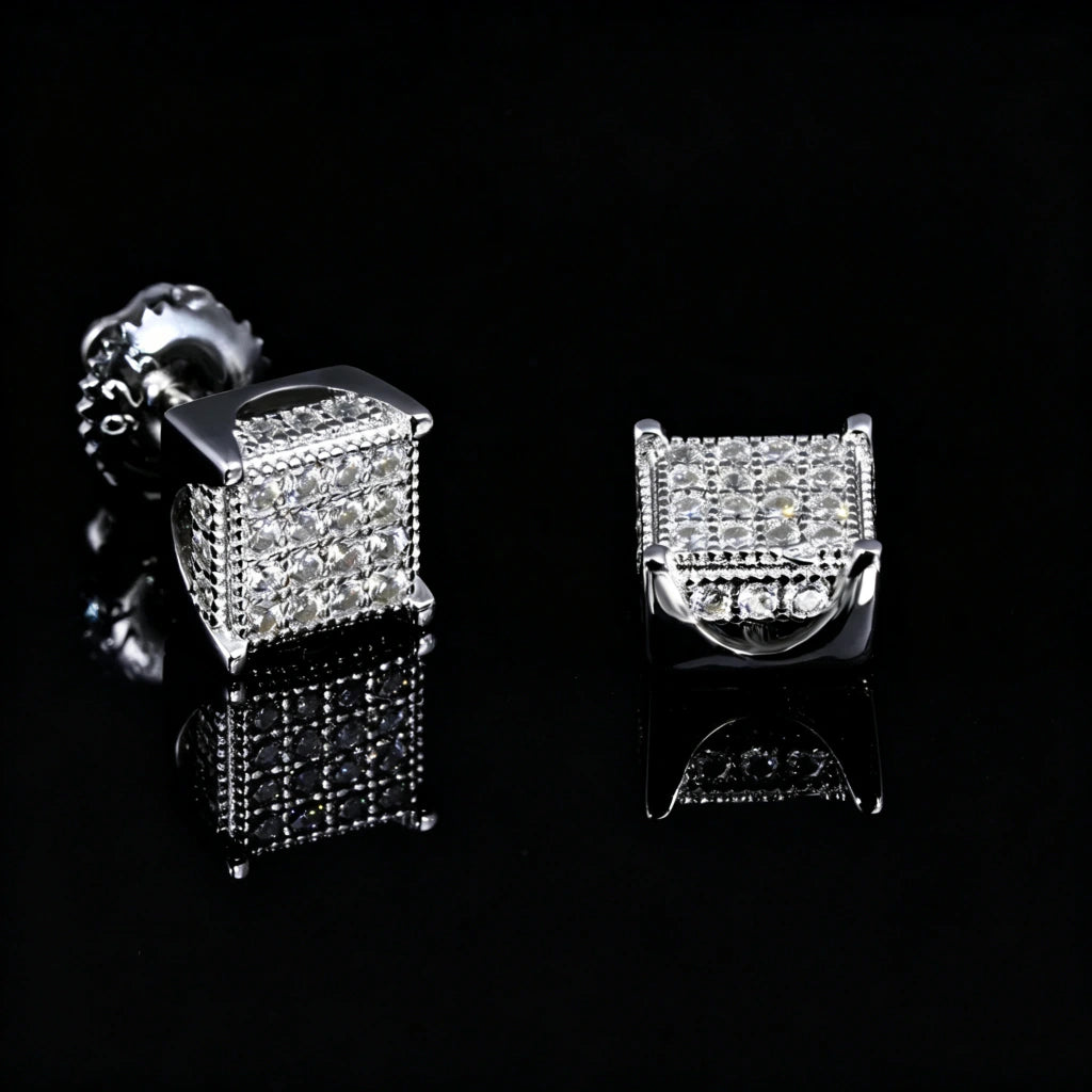 S925 Silver VVS Moissanite Micro Pave Border Cube Stud Earrings, 3D fully iced out square cube hip hop earrings with screw back, RDRIP JEWELRY
