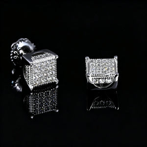 S925 Silver VVS Moissanite Micro Pave Border Cube Stud Earrings, 3D fully iced out square cube hip hop earrings with screw back, RDRIP JEWELRY
