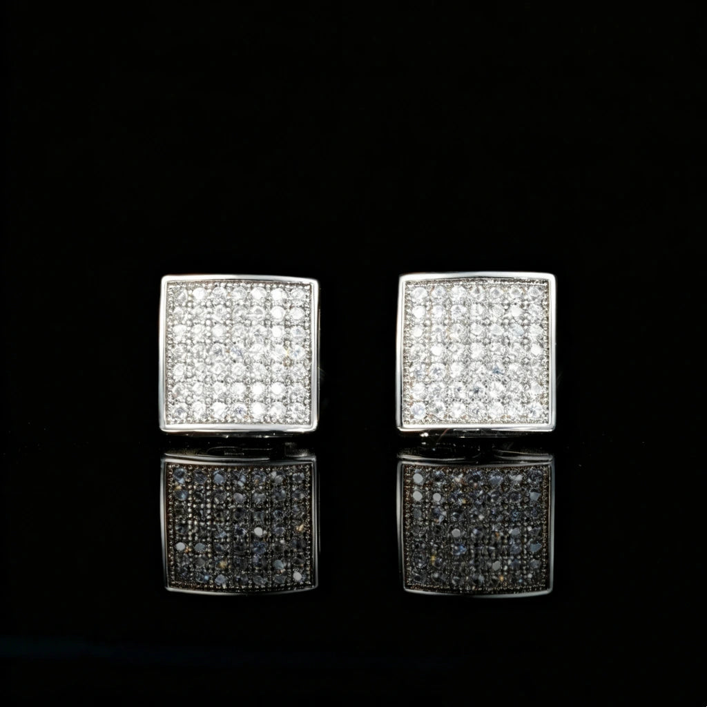 18K Silver Plated 7mm Micro Pave Iced Square Hip Hop Stud Earrings, fully micro pave VVS simulated diamond square studs front view, unisex bling hip hop jewelry for men women black reflective background RDRIP JEWELRY
