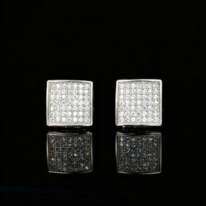 18K Silver Plated 7mm Micro Pave Iced Square Hip Hop Stud Earrings, fully micro pave VVS simulated diamond square studs front view, unisex bling hip hop jewelry for men women black reflective background RDRIP JEWELRY

