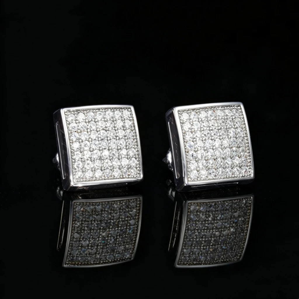 18K Silver Plated 7mm Micro Pave Iced Square Hip Hop Stud Earrings, fully encrusted VVS simulated diamond square studs, unisex bling hip hop jewelry for men women black reflective background RDRIP JEWELRY
