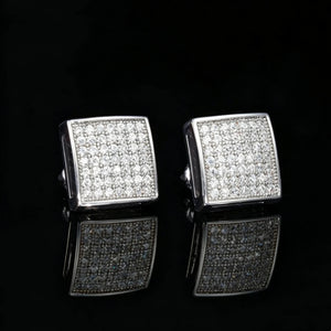 18K Silver Plated 7mm Micro Pave Iced Square Hip Hop Stud Earrings, fully encrusted VVS simulated diamond square studs, unisex bling hip hop jewelry for men women black reflective background RDRIP JEWELRY

