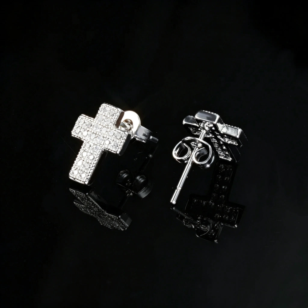 18K Silver Plated Faith Cross Hip Hop Stud Earrings, fully iced micro pave VVS simulated diamond cross studs showing front and screw back structure, unisex bling hip hop jewelry for men women black reflective background RDRIP JEWELRY
