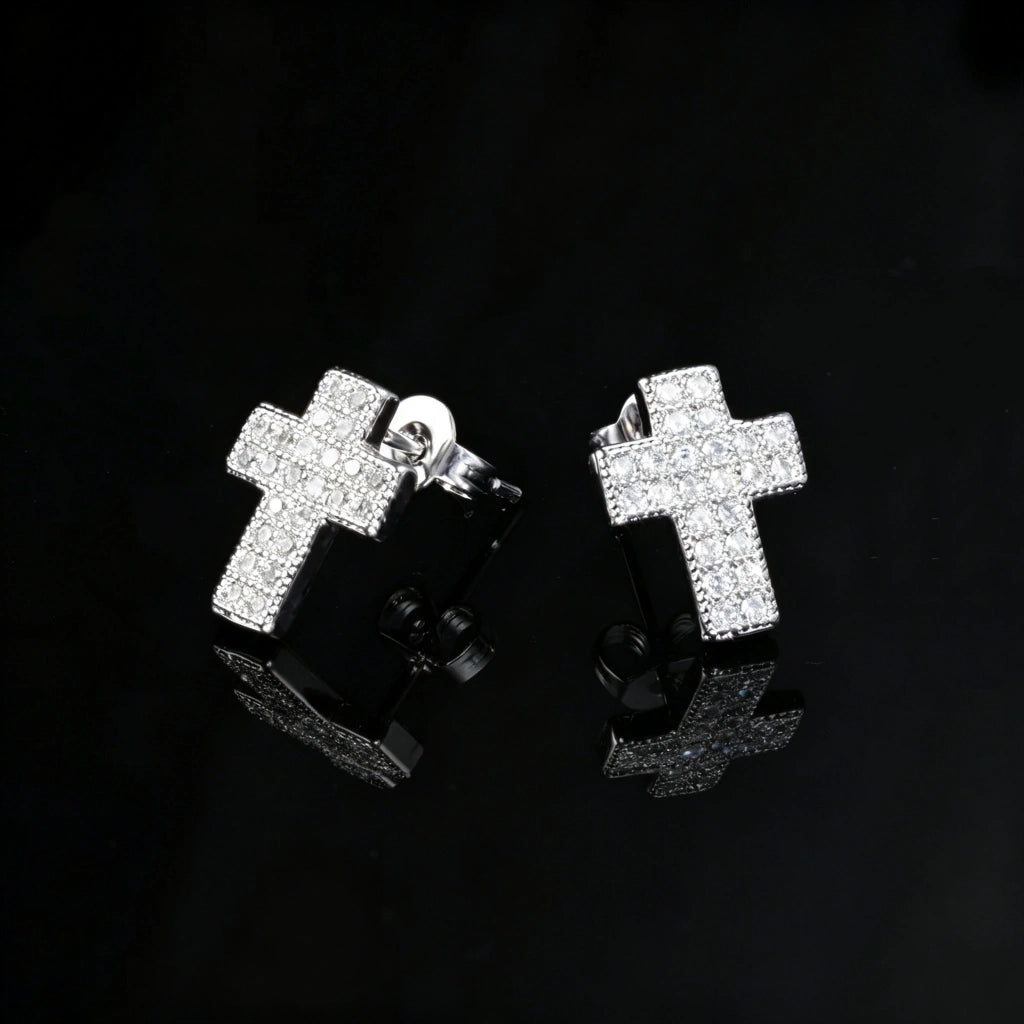 18K Silver Plated Faith Cross Hip Hop Stud Earrings, fully iced micro pave VVS simulated diamond cross stud earrings, unisex bling cross earrings for men women black reflective background RDRIP JEWELRY
