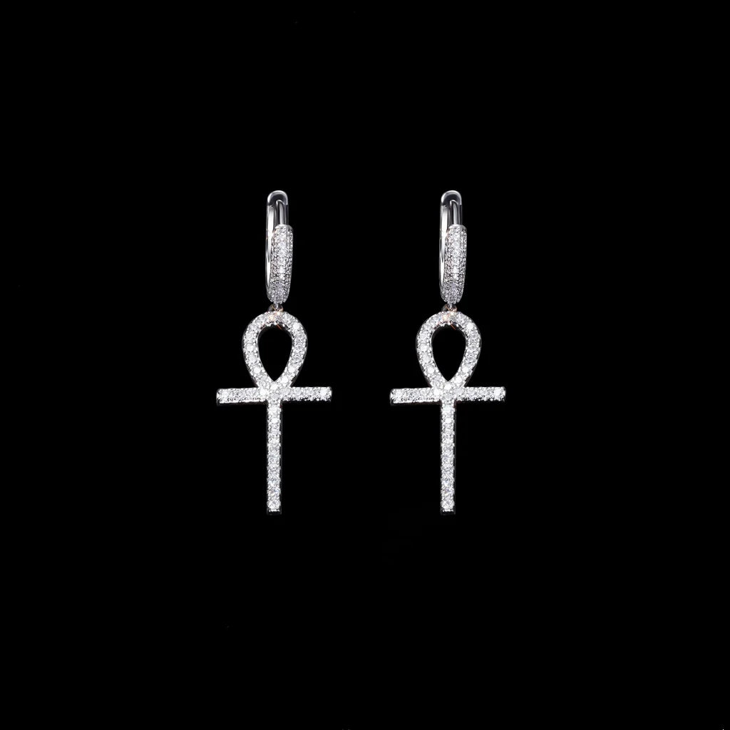 18K Silver Plated Iced Ankh Cross Dangle Huggie Hip Hop Earrings, micro pave VVS simulated diamond Egyptian life symbol drop earrings front view, unisex hip hop bling jewelry solid black background RDRIP JEWELRY
