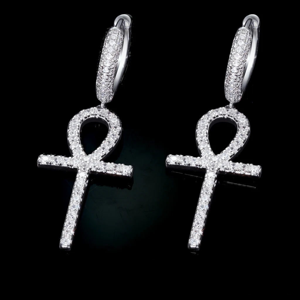 18K Silver Plated Iced Ankh Cross Dangle Huggie Hip Hop Earrings, micro pave VVS simulated diamond Egyptian life symbol drop earrings, unisex hip hop bling jewelry on black background RDRIP JEWELRY
