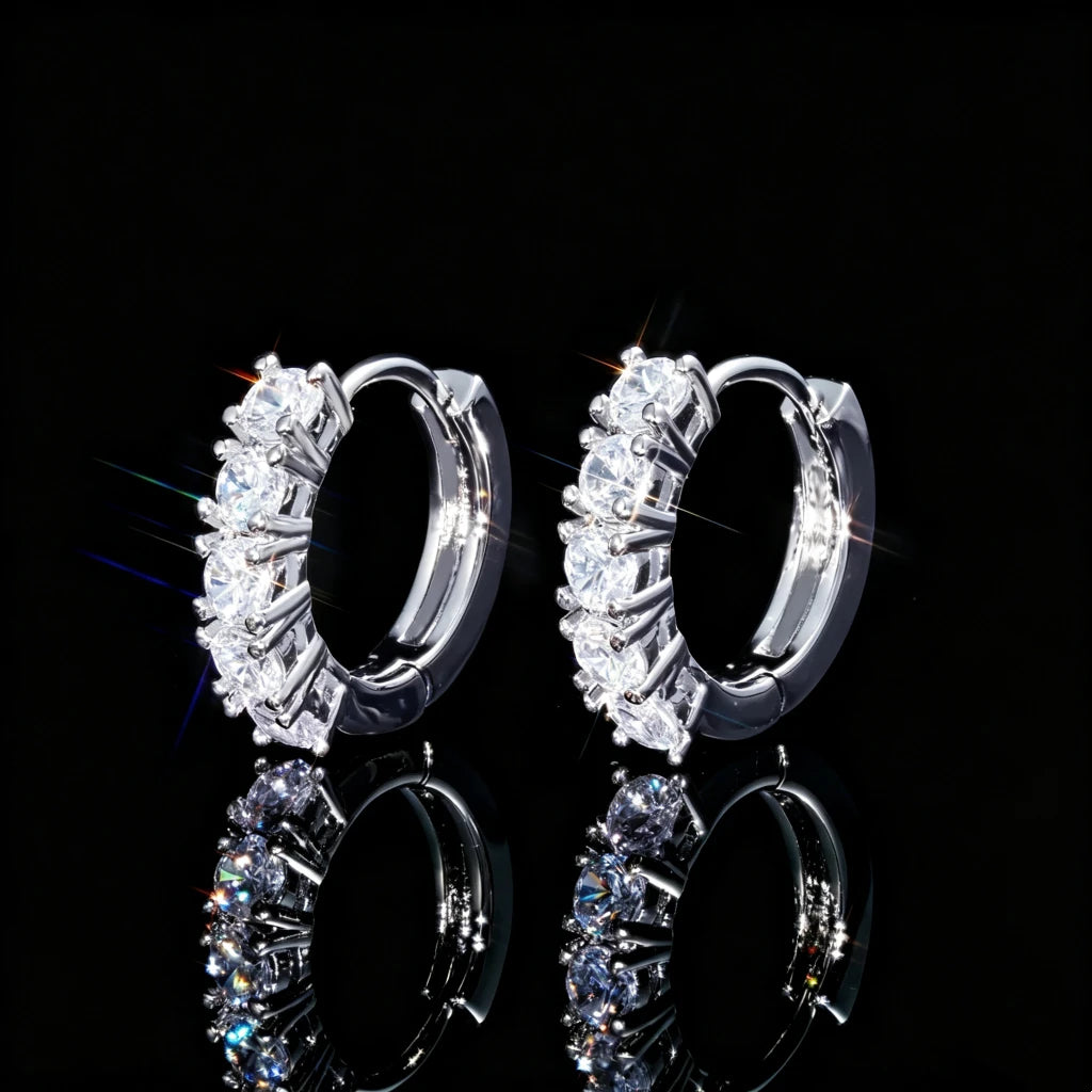 Silver plated row huggie hoop earrings, half set round VVS simulated diamonds small huggie ear rings, durable click closure hoop ear buckles, trendy unisex hip hop bling jewelry for everyday wear RDRIP JEWELRY
