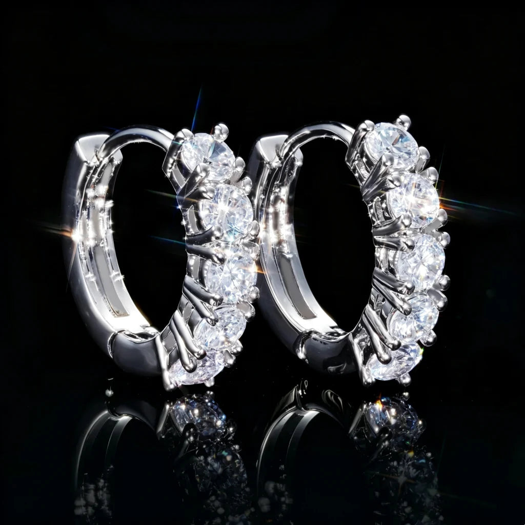 Silver plated row huggie hoop earrings for men women, half paved round VVS simulated diamond click lock ear buckles, shiny unisex hip hop bling fashion jewelry RDRIP JEWELRY
