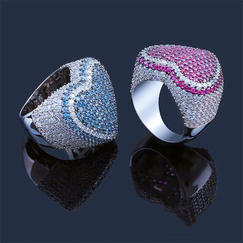 Two‑tone iced out pave love heart couple ring set, micro hand set AAA cubic zirconia stones, blue‑grey and magenta pink two color full pave heart statement rings, unisex men women hip hop bling matching lover jewelry, thick wide band luxury fashion couple rings RDRIP JEWELRY
