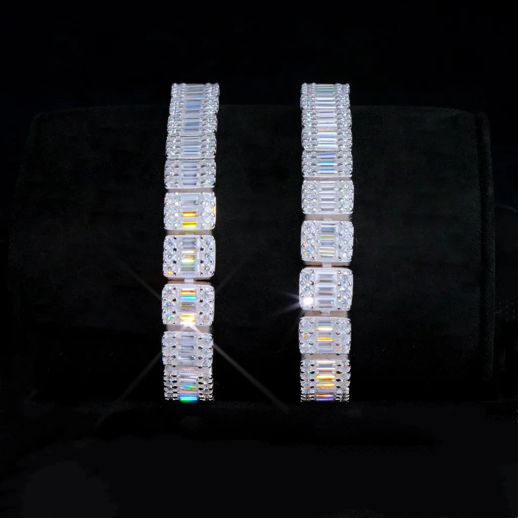 Vertical studio shot showing two pieces of 8mm rectangular baguette cut VVS1+ D color moissanite tennis bracelets laid side by side on black velvet cushion, solid S925 sterling silver base available in white gold plated and 18K gold plated finish, hand prong-set mixed baguette and round brilliant moissanite stones with dazzling rainbow fire and icy shine, tarnish-free men’s hip hop streetwear wrist stacking bracelet, moissanite stone hard enough to pass all handheld diamond testers, two size options 7 inch 