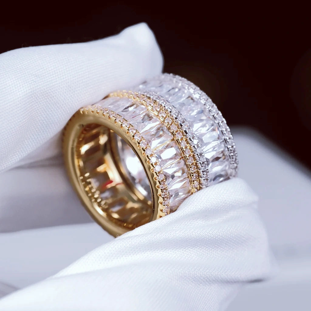 Wide men hip hop wide baguette eternity ring double sided micro pave 8mm band with flawless VVS simulated diamonds hand set icy bling statement jewelry for men RDRIP JEWELRY
