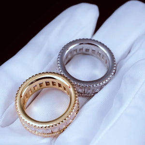 Top inner band view of gold and white gold plated wide baguette eternity rings double sided micro pave 8mm band flawless VVS simulated diamonds men hip hop icy bling rings displayed on white cotton glove showing ring interior structure RDRIP JEWELRY

