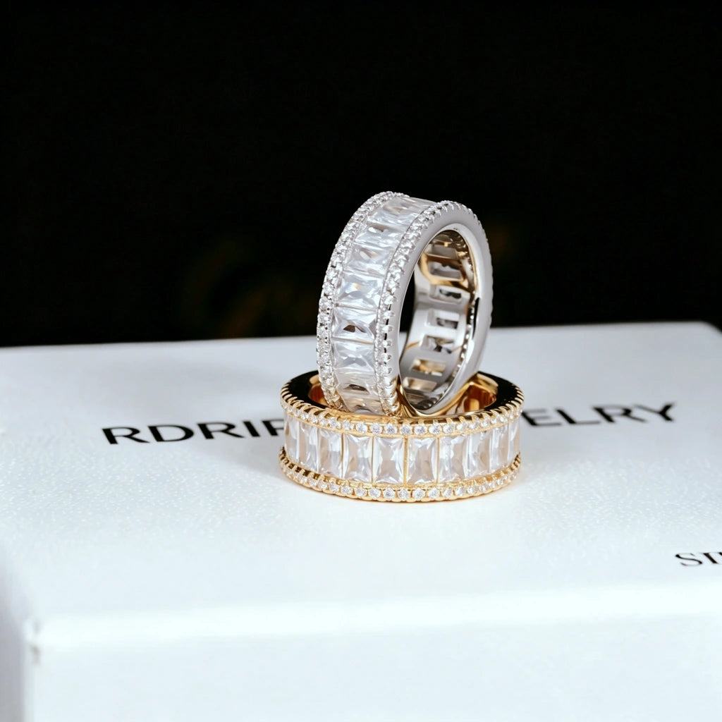 18K gold plated and white gold plated wide baguette eternity ring double sided micro pave 8mm band flawless VVS simulated diamonds two color men hip hop bling statement rings stacked display on branded white jewelry box RDRIP JEWELRY
