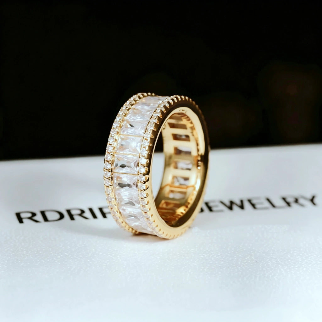 18K gold plated wide baguette eternity ring double sided micro pave 8mm band flawless VVS simulated diamonds full icy bling men hip hop statement ring single piece placed on branded white jewelry box RDRIP JEWELRY
