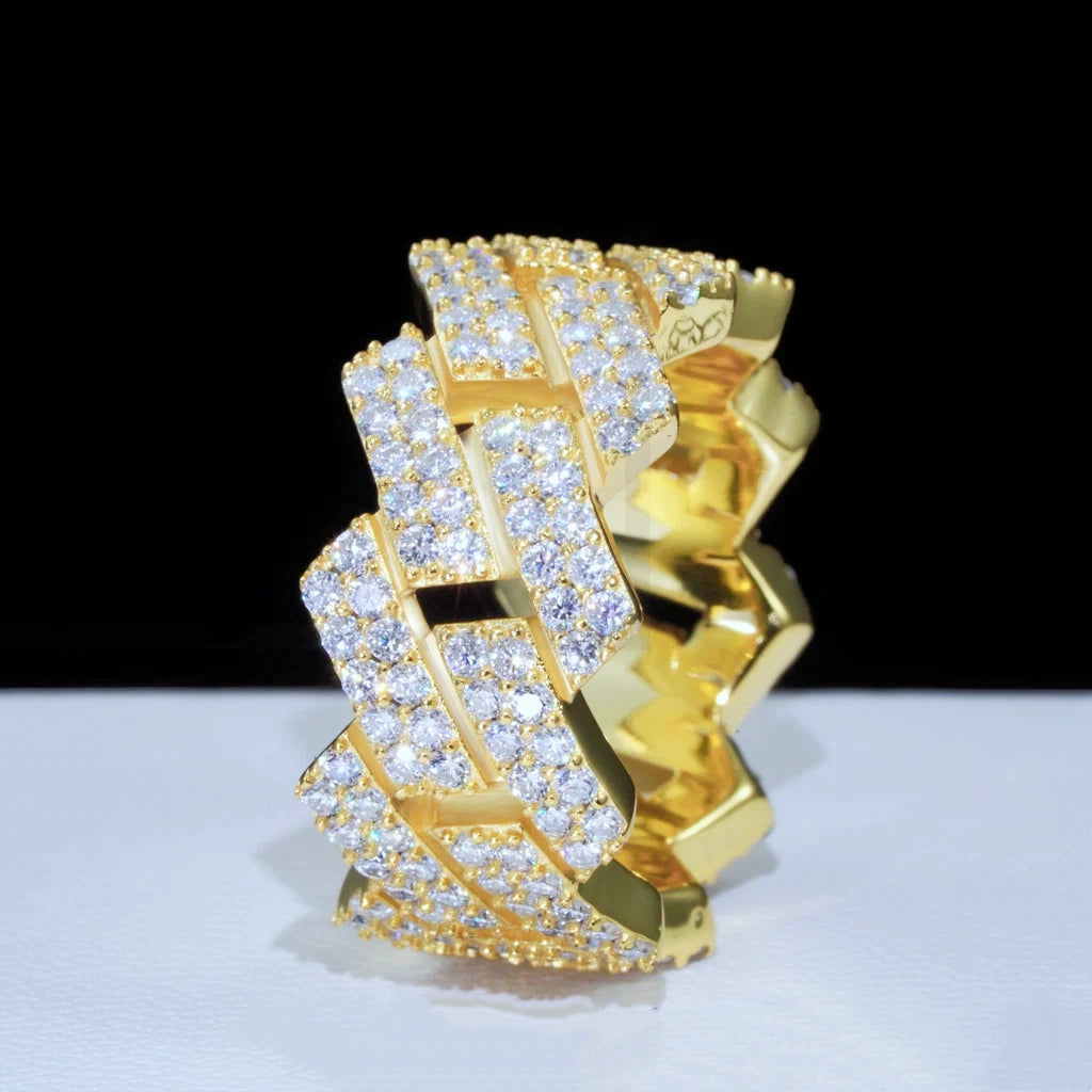 angled side view 18K gold plated 925 sterling silver D color VVS1 moissanite miami cuban link ring full iced out prong set stones mens hip hop bling statement jewelry RDRIP JEWELRY
