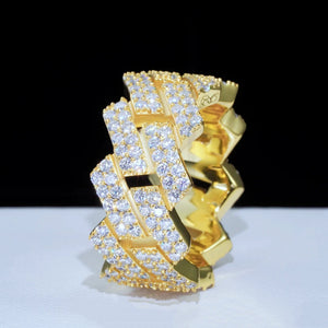 angled side view 18K gold plated 925 sterling silver D color VVS1 moissanite miami cuban link ring full iced out prong set stones mens hip hop bling statement jewelry RDRIP JEWELRY
