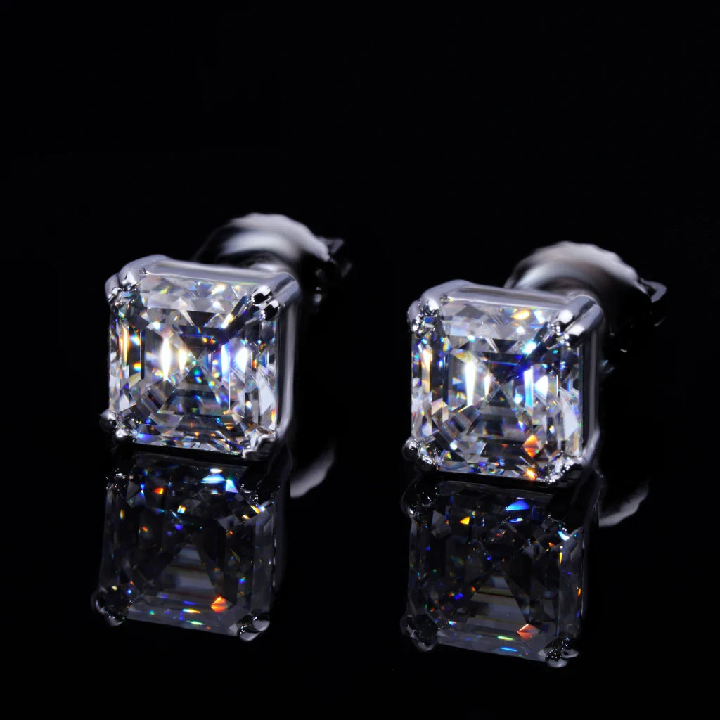 Brilliant Asscher Cut VVS Moissanite Solitaire Stud Earrings with Secure Screw Backs, Polished S925 Sterling Silver, Sparkling Iced Unisex Hip Hop Ear Jewelry RDRIP JEWELRY
