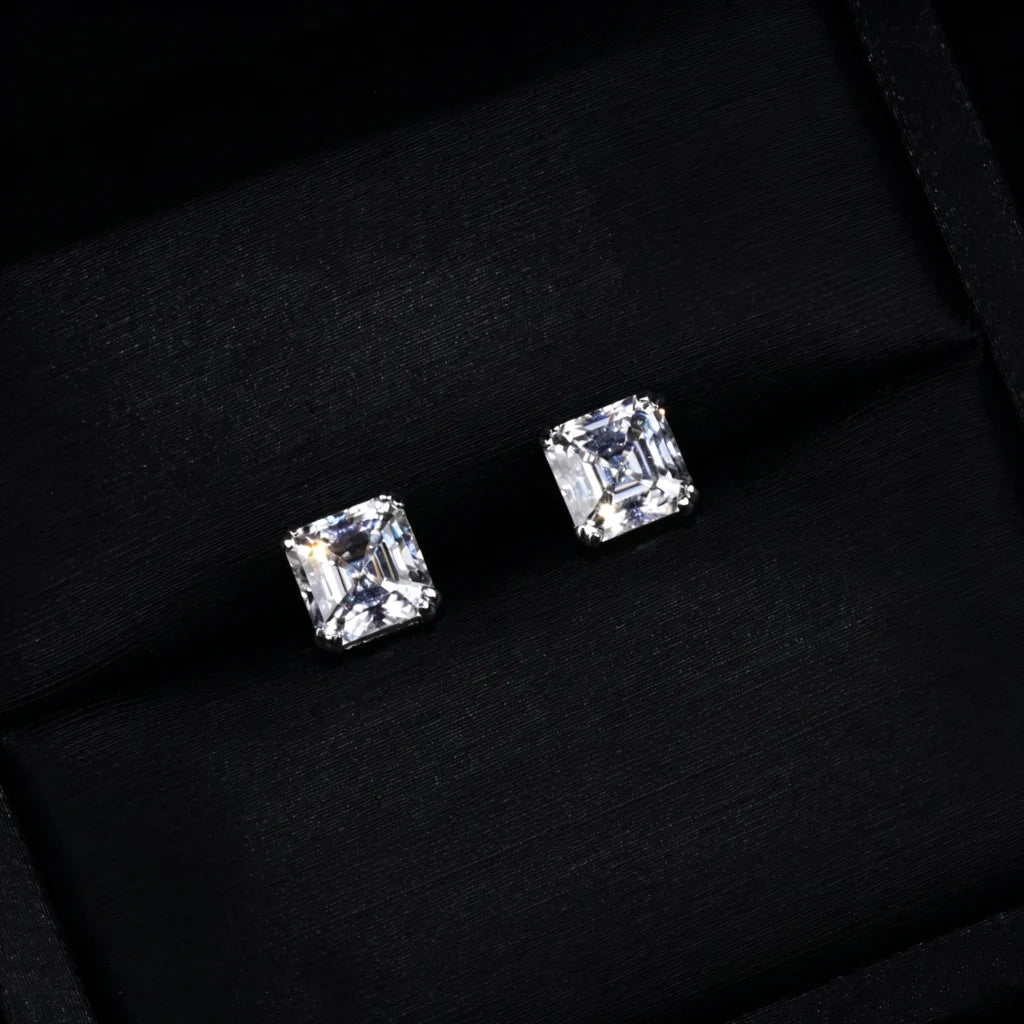 Sparkling Asscher Cut VVS Moissanite Solitaire Stud Earrings Presented in Black Luxury Jewelry Box, S925 Sterling Silver Unisex Iced Hip Hop Ear Jewelry RDRIP JEWELRY
