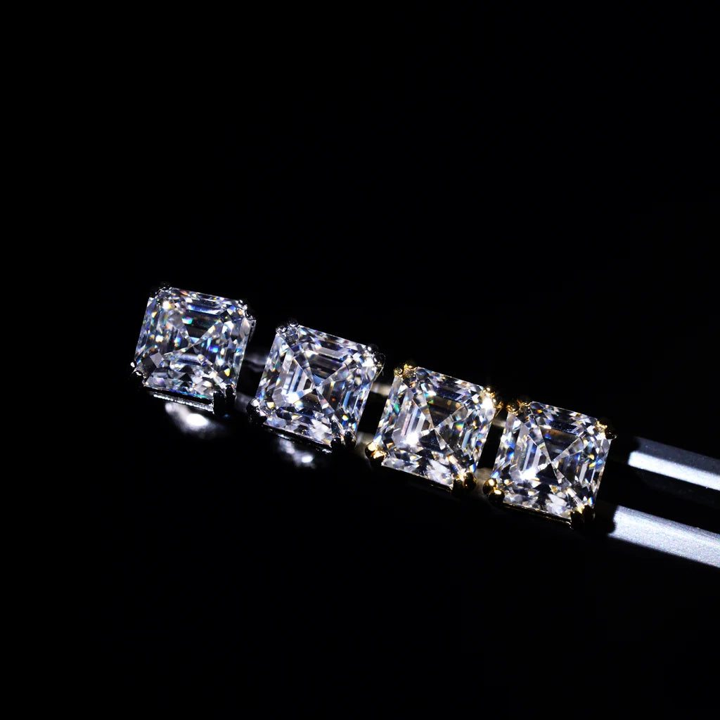 D-E Color VVS Clarity Asscher Cut Moissanite Stud Earrings, S925 Sterling Silver With Gold Prongs, Different Size Comparison Shot Luxury Ear Studs For Men Women RDRIP JEWELRY
