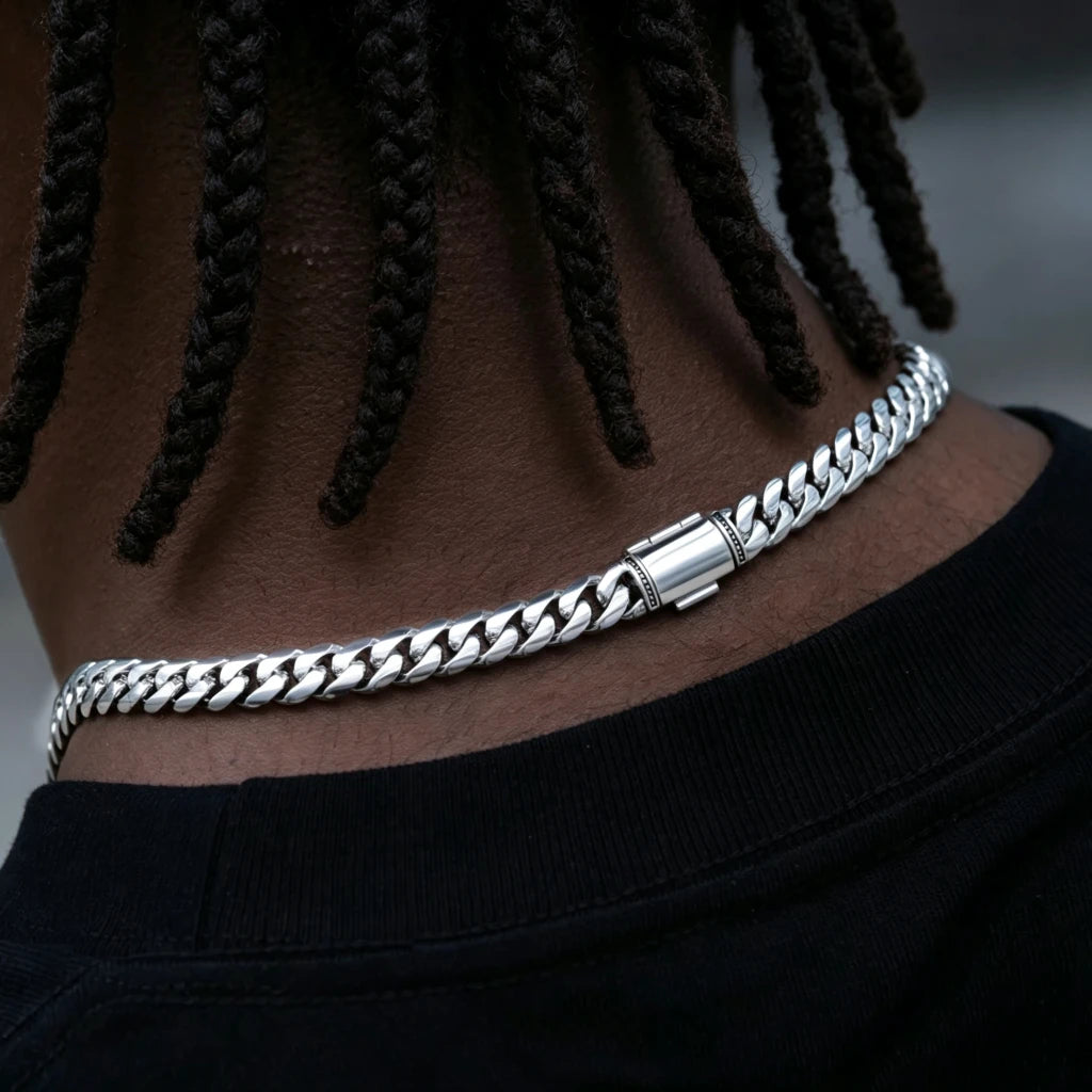 Back of neck closeup photo of black man with neat dreadlocks wearing 8mm Flagship Miami Cuban Link Chain in White Gold Tone, polished stainless steel curb necklace with smooth blank safety box clasp without engraved logo, tight interlock thick cuban links, anti-tarnish scratch resistant hip hop street jewelry for men, multiple lengths 16 18 20 22 24 inch shiny icy finish stackable everyday layering chain, durable heavy weight fashion accessory complete gift set with dust pouch and lifetime warranty RDRIP 
