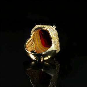 Back inner view of men's iced‑out hip‑hop statement ring, showing hollow carved inner construction, polished smooth 18K gold‑plated band interior, large emerald‑cut red gemstone, micro pave encrusted outer frame, premium heavy‑build hip hop men jewelry, shot on glossy black reflective surface with mirror reflection RDRIP JEWELRY
