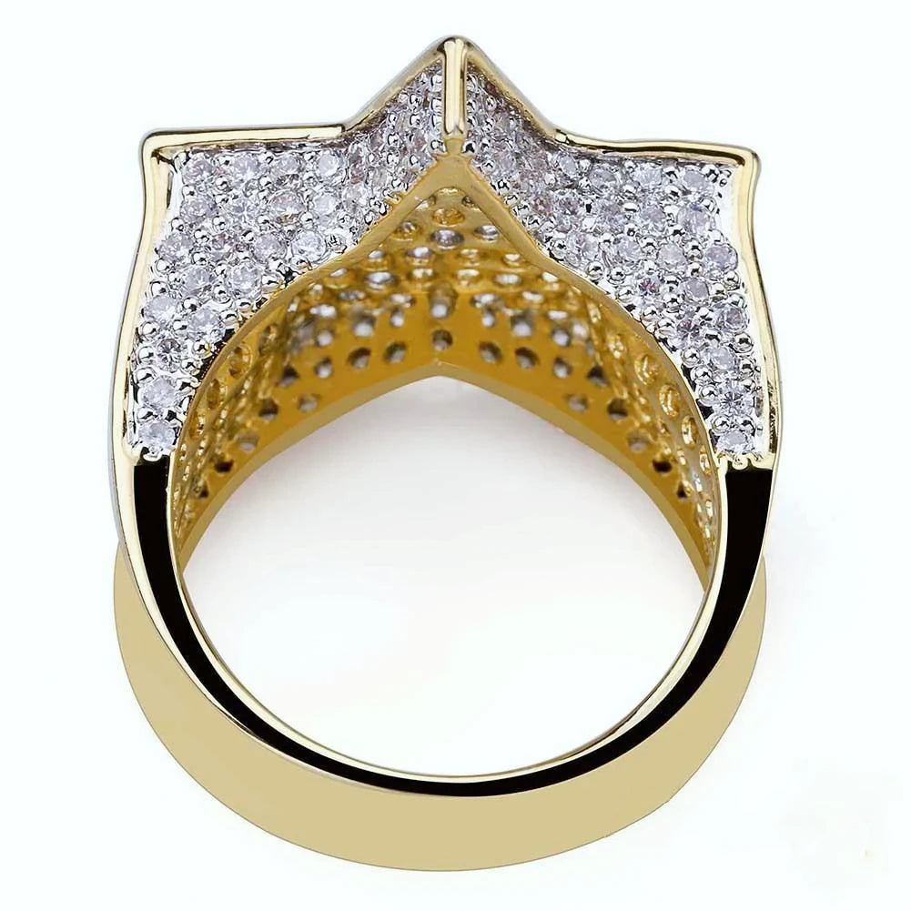 Back interior view of gold plated iced out pentagram wide band men hip hop ring, showing hollow perforated inner structure and micro paved cubic zirconia outer surface, detailed craftsmanship shot of icy star bling statement hiphop jewelry RDRIP JEWELRY
