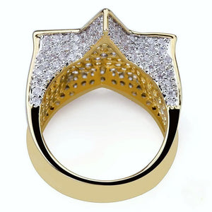 Back interior view of gold plated iced out pentagram wide band men hip hop ring, showing hollow perforated inner structure and micro paved cubic zirconia outer surface, detailed craftsmanship shot of icy star bling statement hiphop jewelry RDRIP JEWELRY
