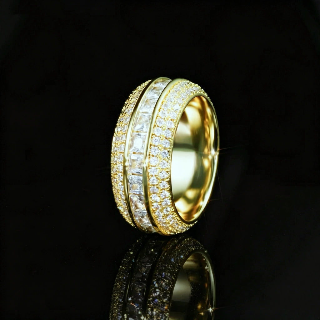 Gold triple band baguette princess cut spinner eternity ring for men, hand set aaa cubic zirconia micro pave stones, wide iced out hip hop ring shot on black reflective background, luxury bling mens jewelry RDRIP JEWELRY SINCE 2016
