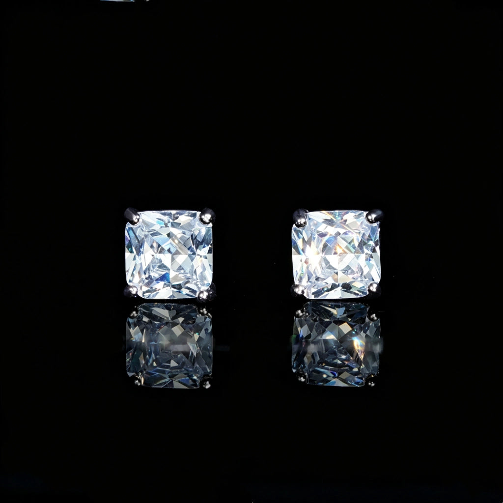 Black Grey Radiant Cut 9MM 4 Prong Screw Back Stud Earrings, Shiny Clear CZ Square Stone 4 Prong Setting Ear Studs, Screwback Piercing Jewelry Gift for Men Women RDRIP JEWELRY
