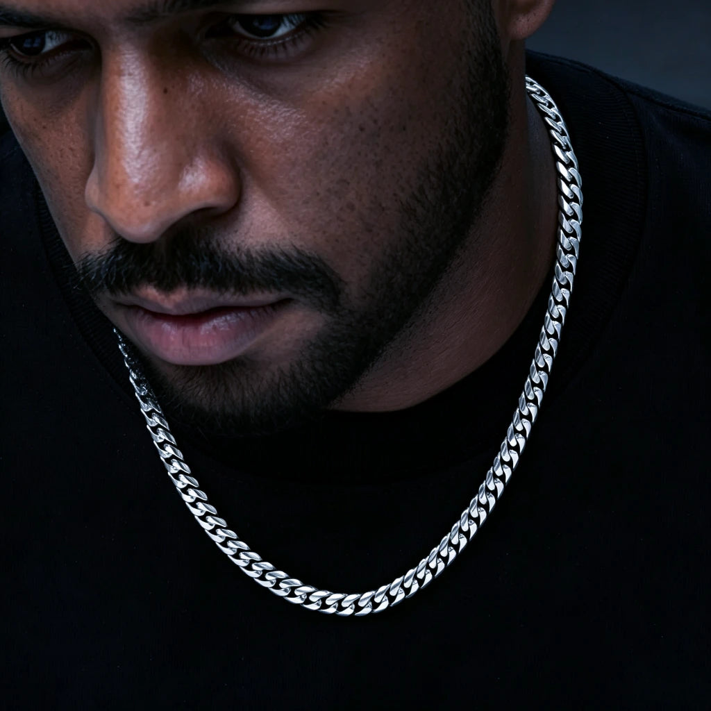 8mm Flagship Miami Cuban Link Chain in White Gold Tone worn by black man with short trimmed beard, polished tight interlock stainless steel heavy curb necklace for men hip hop streetwear, anti tarnish no fade stackable men's cuban jewelry, medium everyday wear width, signature brand clasp, multiple lengths 16 18 20 22 24 inch, shiny icy white gold tone finish men fashion chain RDRIP JEWELRY Since 2016
