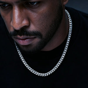 8mm Flagship Miami Cuban Link Chain in White Gold Tone worn by black man with short trimmed beard, polished tight interlock stainless steel heavy curb necklace for men hip hop streetwear, anti tarnish no fade stackable men's cuban jewelry, medium everyday wear width, signature brand clasp, multiple lengths 16 18 20 22 24 inch, shiny icy white gold tone finish men fashion chain RDRIP JEWELRY Since 2016
