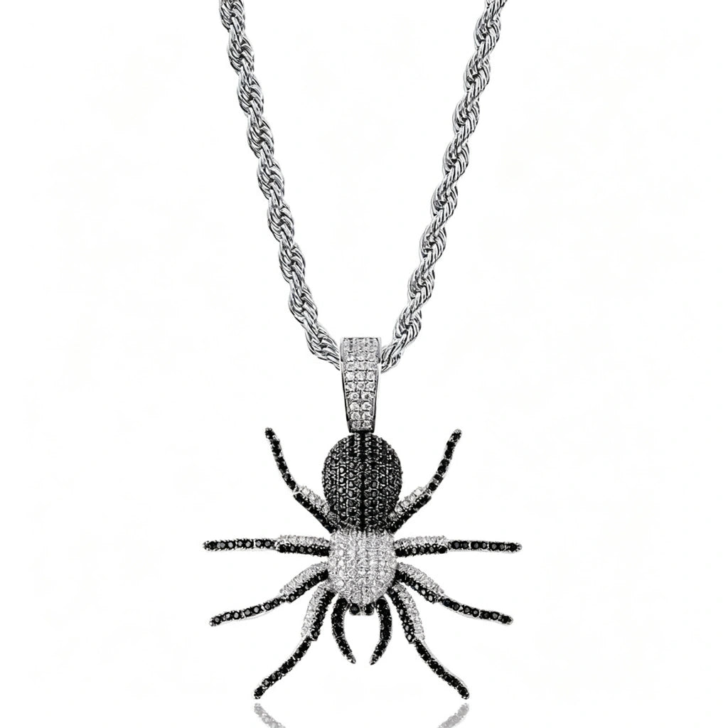 Two tone black and white iced tarantula spider pendant with silver rope chain on clean white background, micro pave black and white VVS simulated diamonds hip hop necklace charm for men, contrast color spider bling streetwear jewelry product shot RDRIP JEWELRY
