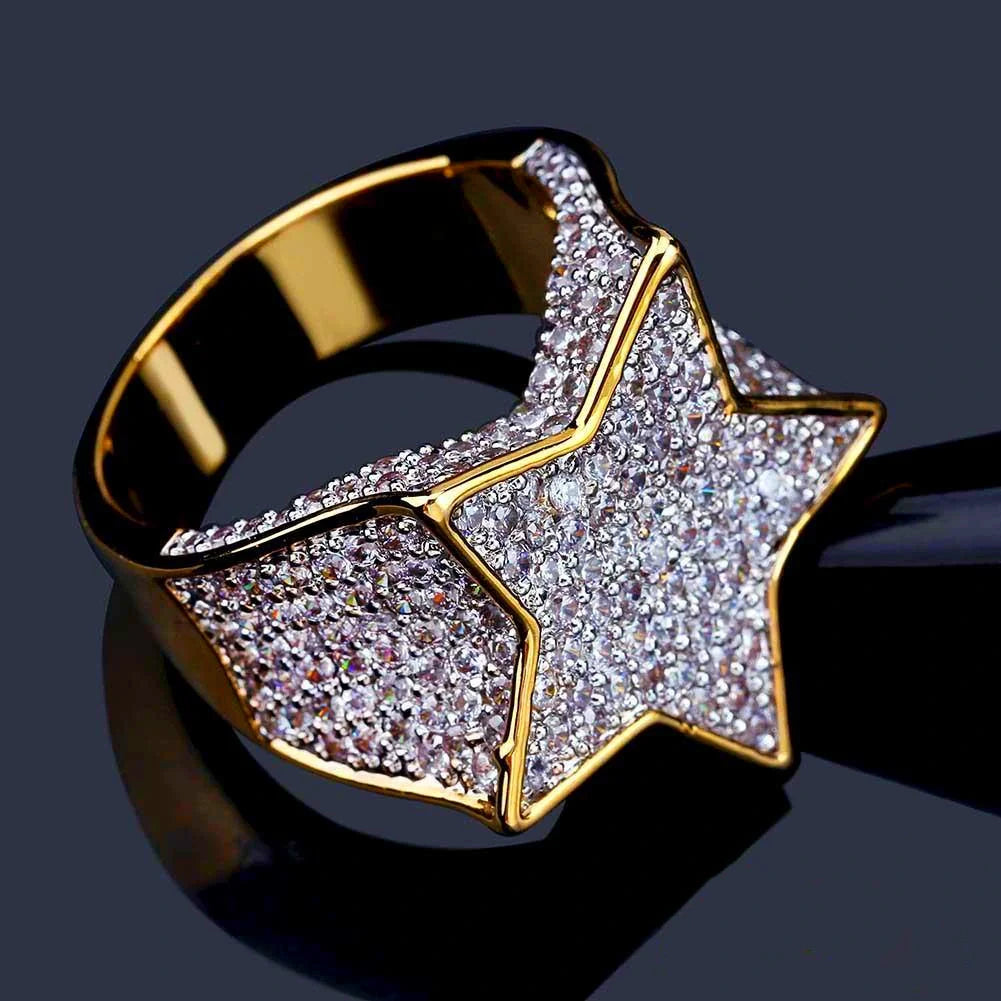 Close‑up shot of gold plated iced out pentagram wide band men hip hop ring full micro paved sparkling cubic zirconia stones hand‑set icy star statement bling jewelry for stage street style RDRIP JEWELRY