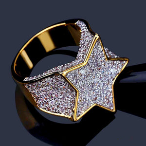 Close‑up shot of gold plated iced out pentagram wide band men hip hop ring full micro paved sparkling cubic zirconia stones hand‑set icy star statement bling jewelry for stage street style RDRIP JEWELRY