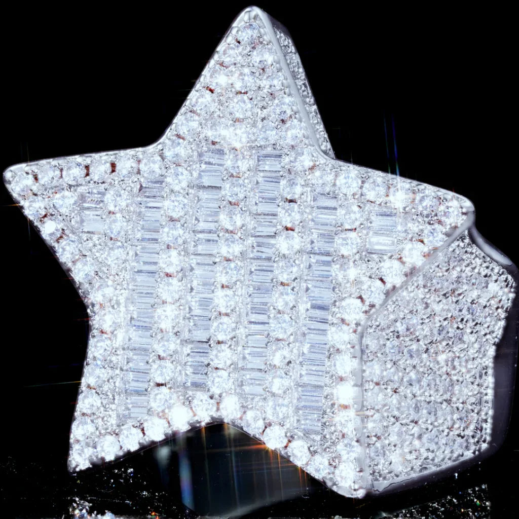 Extreme close‑up detail shot of men's bold 3D micro‑pave pentagram star iced out ring, hand‑set mixed baguette cut and round cut AAA cubic zirconia stones, full iced heavy hip‑hop rapper statement ring, silver tone metal, sparkling bling jewelry macro view, RDRIP JEWELRY
