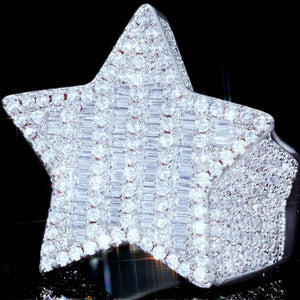 Extreme close‑up detail shot of men's bold 3D micro‑pave pentagram star iced out ring, hand‑set mixed baguette cut and round cut AAA cubic zirconia stones, full iced heavy hip‑hop rapper statement ring, silver tone metal, sparkling bling jewelry macro view, RDRIP JEWELRY
