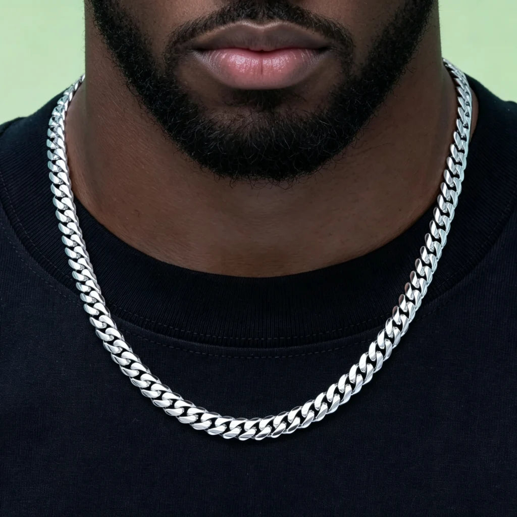 Close-up shot of thick lips black man with neatly trimmed short beard wearing 8mm Flagship Miami Cuban Link Chain in White Gold Tone, polished tight interlock stainless steel men curb necklace, soft light green solid background, anti-tarnish no fade hip hop streetwear jewelry for everyday layering, signature branded clasp, available lengths 16/18/20/22/24 inch shiny icy silver toned cuban link men fashion accessory, heavy durable stackable hip hop chain gift set with dust bag box and lifetime warranty RDRIP
