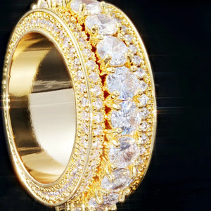 close up view 18K gold plated five‑row full paved iced out band ring detailed shot hand prong set AAA cubic zirconia stones heavy hip hop men wide eternity ring luxury bling jewelry RDRIP JEWELRY SINCE 2016
