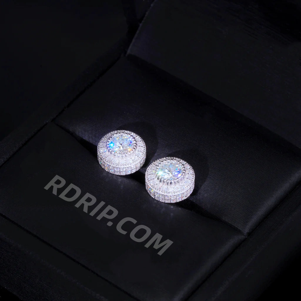 Double Cluster Halo Full Iced VVS Moissanite Stud Earrings 925 Sterling Silver White Gold Plated Screw Back Unisex Hip Hop Bling Jewelry RDRIP JEWELRY
