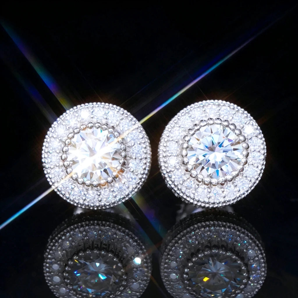 Double Cluster Halo Full Iced VVS Moissanite Stud Earrings 925 Sterling Silver White Gold Plated Round Micro Pave Screw Back Unisex Hip Hop Bling Flash Sparkle RDRIP JEWELRY
