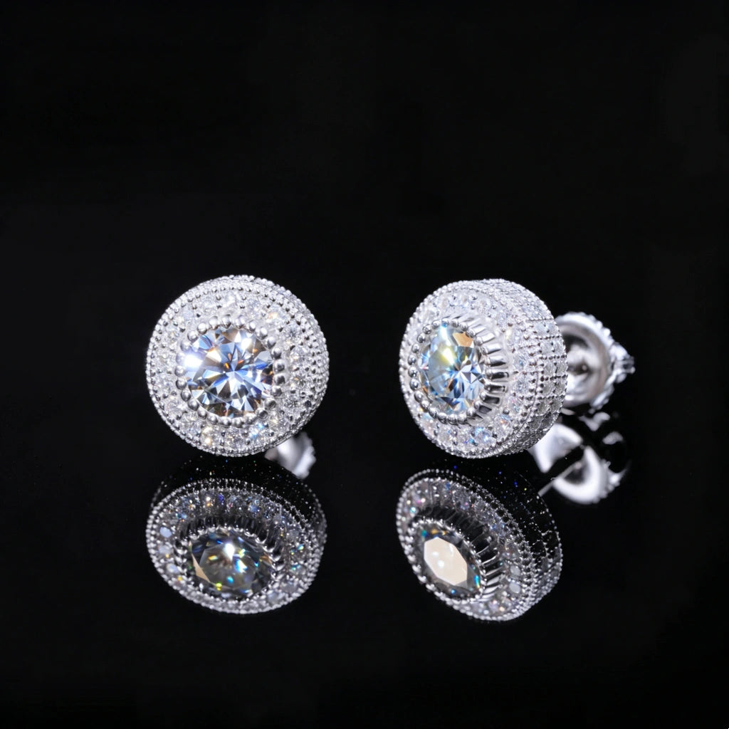 Double Cluster Halo Full Iced VVS Moissanite Stud Earrings 925 Sterling Silver White Gold Plated Screw Back Side View Round Micro Pave Black Reflection Unisex Hip Hop Bling Jewelry RDRIP JEWELRY

