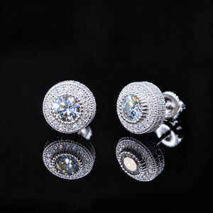 Double Cluster Halo Full Iced VVS Moissanite Stud Earrings 925 Sterling Silver White Gold Plated Screw Back Side View Round Micro Pave Black Reflection Unisex Hip Hop Bling Jewelry RDRIP JEWELRY
