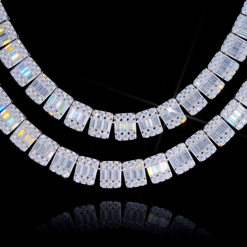Studio product shot of double layered 8MM rectangular baguette cut VVS1+ D color moissanite tennis link chain, solid S925 sterling silver with polished white gold finish, square cluster design mixed baguette and round brilliant moissanite stones, clear mirror reflection on glossy black background, intense rainbow fire and light refraction, 9.25 Mohs hardness genuine moissanite not cheap cubic zirconia simulants, hand prong set hip hop icy bling necklace, stackable luxury streetwear jewelry for men, all high