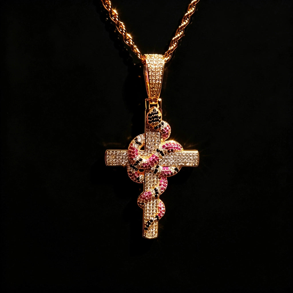 front view shot 14k gold plated iced out coral snake wrapped cross pendant with rope twist chain full micro‑paved pink black cubic zirconia bling hip hop men necklace street fashion jewelry RDRIP JEWELRY
