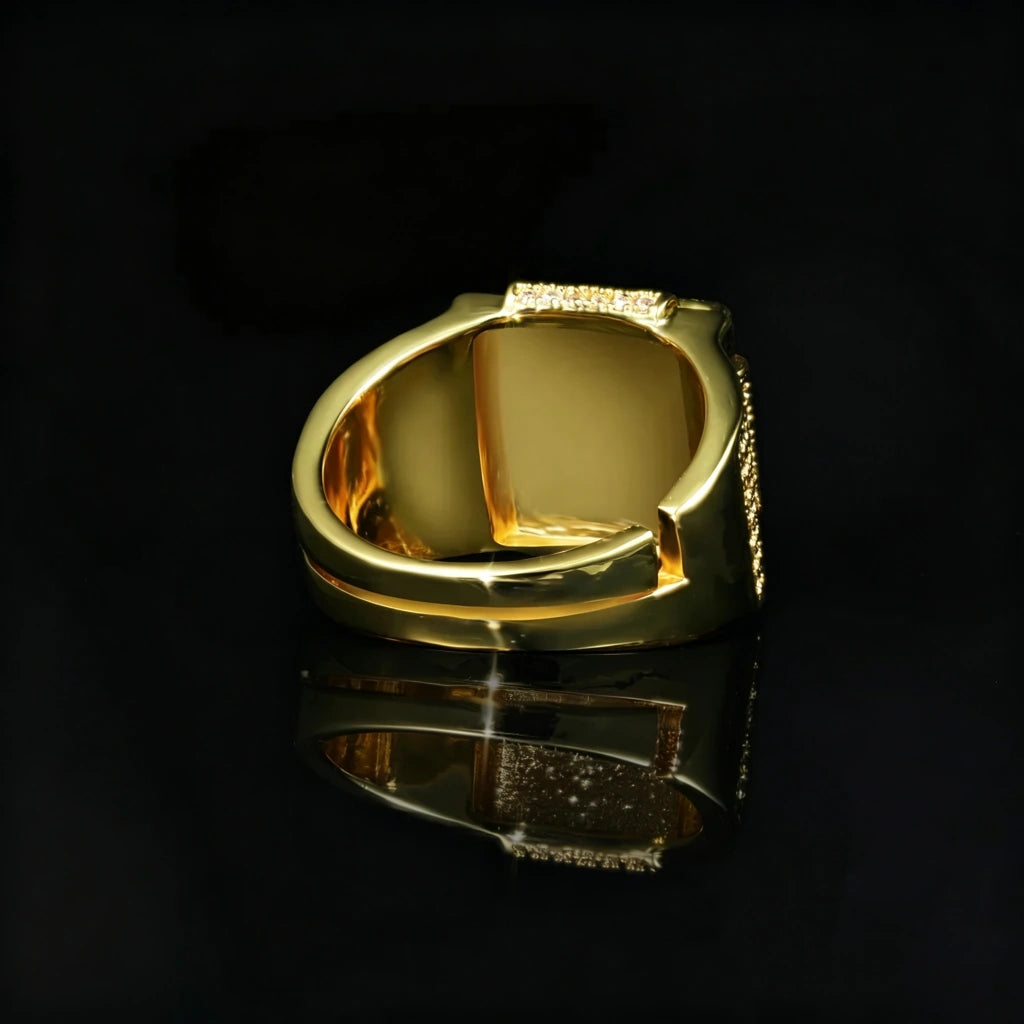 Inner band close up view of 18k gold plated men full pave square hip hop ring adjustable open band design hand set aaa cubic zirconia stones heavy wide rapper ring black reflective background studio product shot RDRIP JEWELRY
