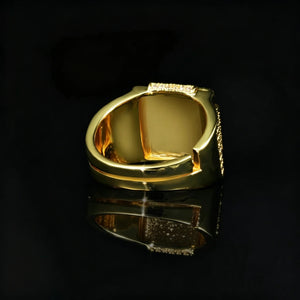 Inner band close up view of 18k gold plated men full pave square hip hop ring adjustable open band design hand set aaa cubic zirconia stones heavy wide rapper ring black reflective background studio product shot RDRIP JEWELRY
