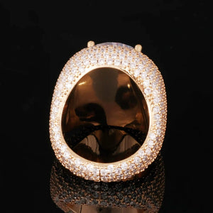 Inner back view of men hip‑hop Glory Dome Iced Clustered Band Ring, 18K gold plated polished inner ring shank, full micro pave hand‑set VVS flawless simulated diamonds surround the ring frame, heavy weight dome‑style men bling statement ring, back‑side shot showing inner gold cavity, captured on black glossy reflective studio background RDRIP JEWELRY

