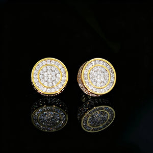 Gold Iced Out Concentric Round Hip Hop Stud Earrings For Men, 14K Gold Plated Double Circle Fully Paved Sparkling cz Screw Back Earrings, Bling Iced Hip-hop Streetwear Jewelry, Luxury Product Shot On Black Gloss Reflective Surface, RDRIP JEWELRY
